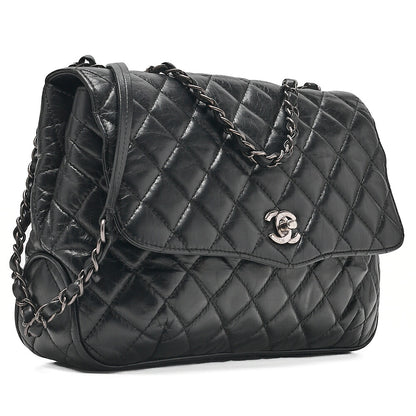 CHANEL Vintage Calf Matelasse Single Flap Chain Shoulder Black Silver-Tone Hardware, Pre-Owned