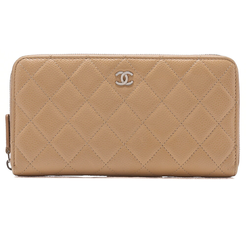 CHANEL Matelasse Round Long Wallet Caviar Skin Beige Silver-Tone Hardware, Pre-Owned