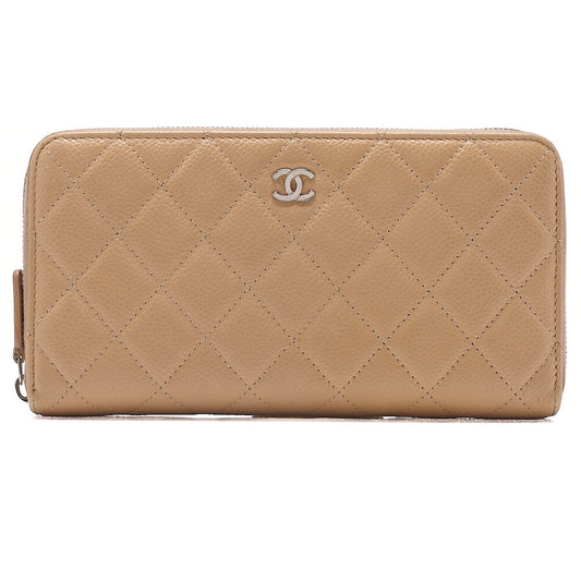 CHANEL Matelasse Round Long Wallet Caviar Skin Beige Silver-Tone Hardware, Pre-Owned