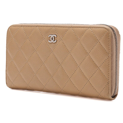 CHANEL Matelasse Round Long Wallet Caviar Skin Beige Silver-Tone Hardware, Pre-Owned