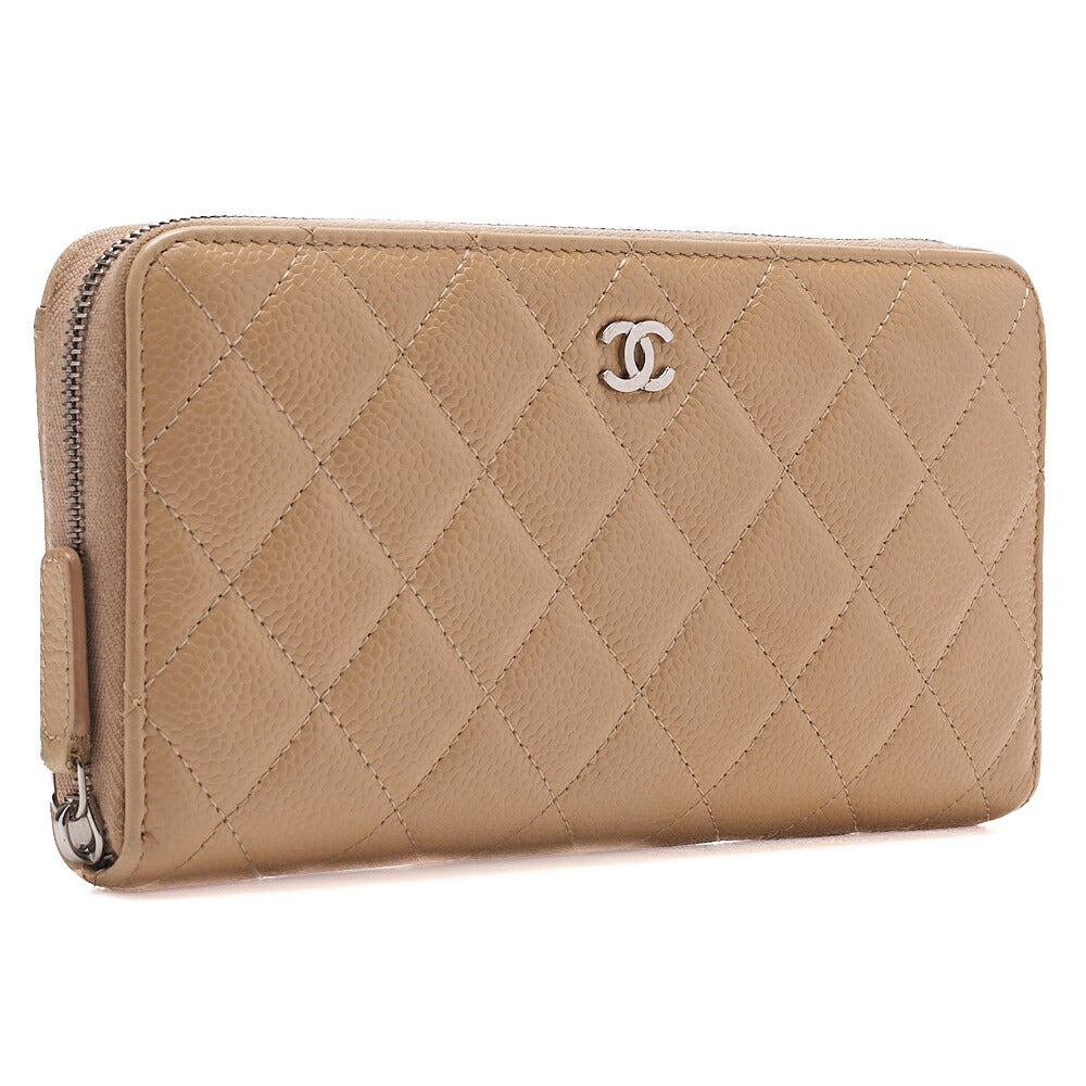 CHANEL Matelasse Round Long Wallet Caviar Skin Beige Silver-Tone Hardware, Pre-Owned