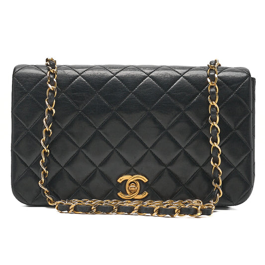 CHANEL Lambskin Matelasse Full Flap Chain Shoulder Black Gold-Tone Hardware, Pre-Owned