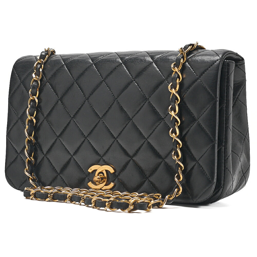 CHANEL Lambskin Matelasse Full Flap Chain Shoulder Black Gold-Tone Hardware, Pre-Owned
