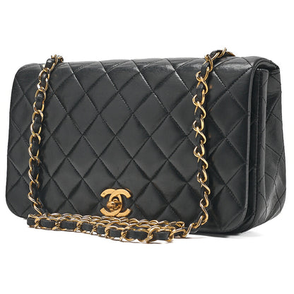 CHANEL Lambskin Matelasse Full Flap Chain Shoulder Black Gold-Tone Hardware, Pre-Owned