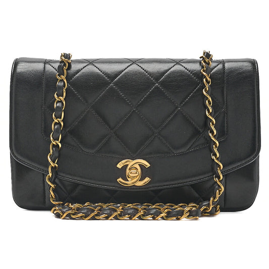 CHANEL Lambskin Matelasse Diana Flap 22CM Chain Shoulder Black Gold -Tone Hardware, Pre-Owned