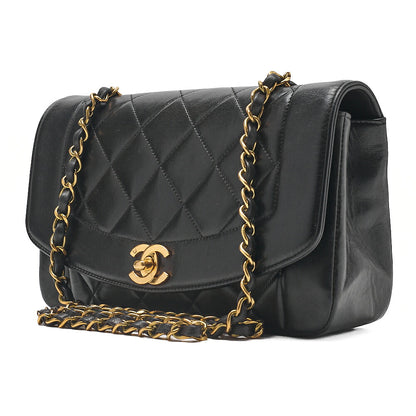 CHANEL Lambskin Matelasse Diana Flap 22CM Chain Shoulder Black Gold -Tone Hardware, Pre-Owned