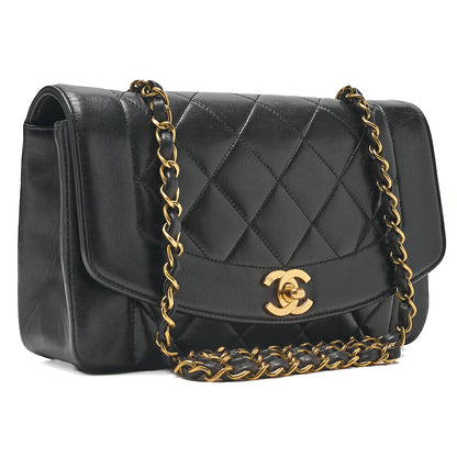 CHANEL Lambskin Matelasse Diana Flap 22CM Chain Shoulder Black Gold -Tone Hardware, Pre-Owned