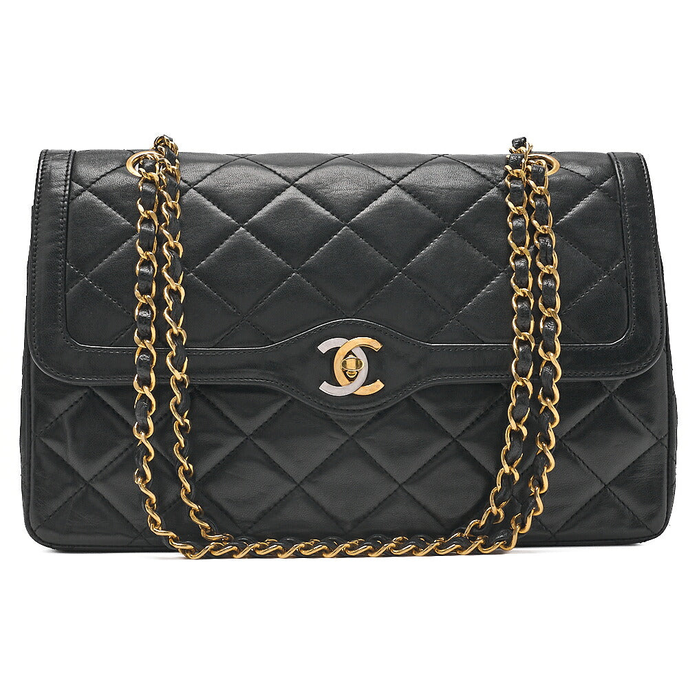 CHANEL Lambskin Matelasse Paris Limited Double Flap Chain Shoulder Bag Black Gold x Silver-Tone Hardware, Pre-Owned