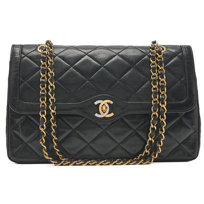 CHANEL Lambskin Matelasse Paris Limited Double Flap Chain Shoulder Bag Black Gold x Silver-Tone Hardware, Pre-Owned