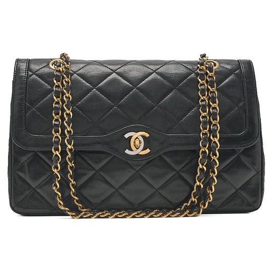 CHANEL Lambskin Matelasse Paris Limited Double Flap Chain Shoulder Bag Black Gold x Silver-Tone Hardware, Pre-Owned