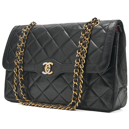 CHANEL Lambskin Matelasse Paris Limited Double Flap Chain Shoulder Bag Black Gold x Silver-Tone Hardware, Pre-Owned