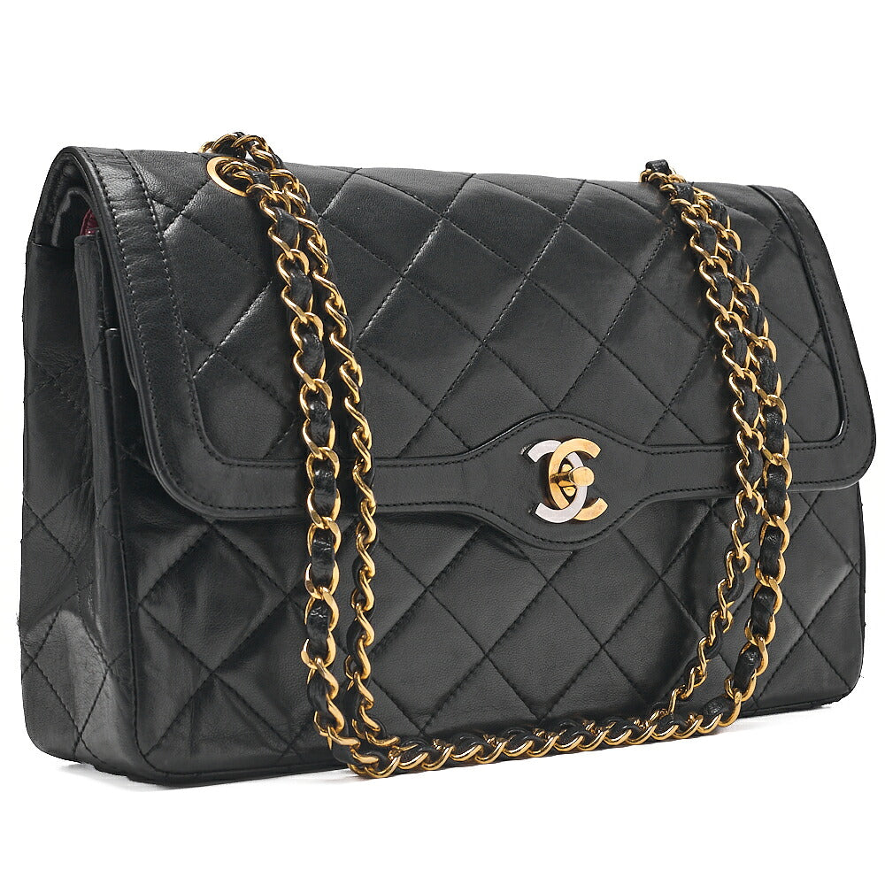 CHANEL Lambskin Matelasse Paris Limited Double Flap Chain Shoulder Bag Black Gold x Silver-Tone Hardware, Pre-Owned