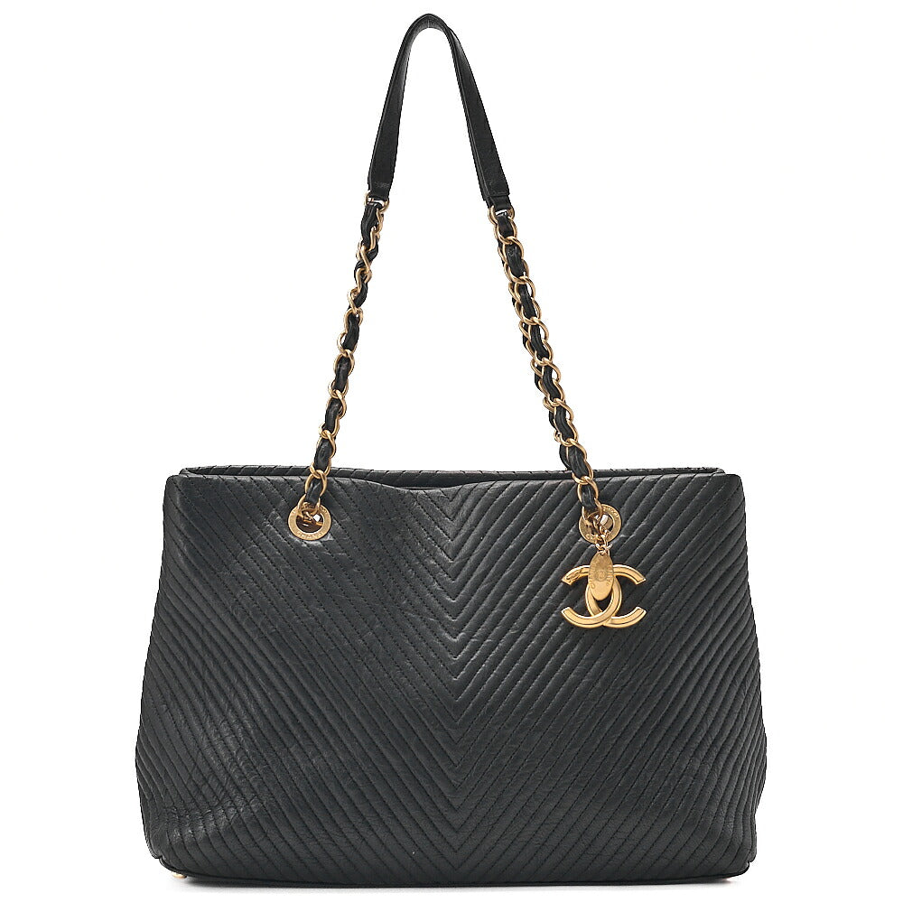 CHANEL Calfskin Chevron V-Stitch Coco Charm Chain Tote Bag Black Gold-Tone Hardware, Pre-Owned