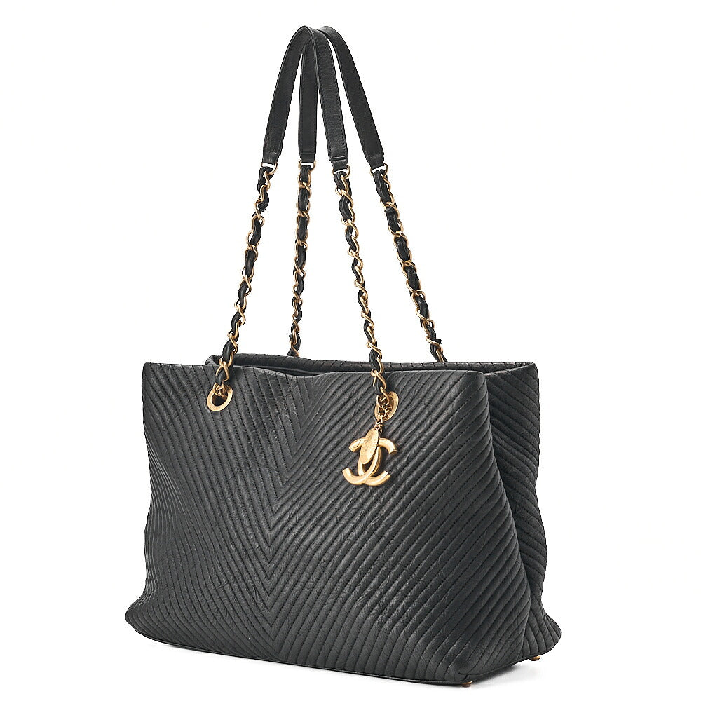 CHANEL Calfskin Chevron V-Stitch Coco Charm Chain Tote Bag Black Gold-Tone Hardware, Pre-Owned