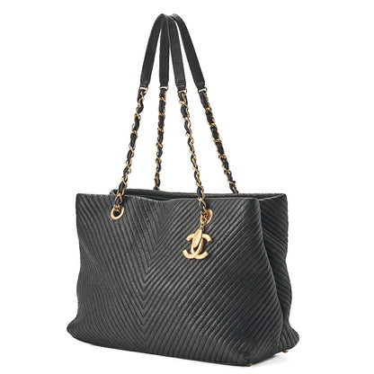 CHANEL Calfskin Chevron V-Stitch Coco Charm Chain Tote Bag Black Gold-Tone Hardware, Pre-Owned