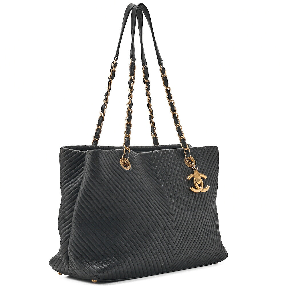 CHANEL Calfskin Chevron V-Stitch Coco Charm Chain Tote Bag Black Gold-Tone Hardware, Pre-Owned