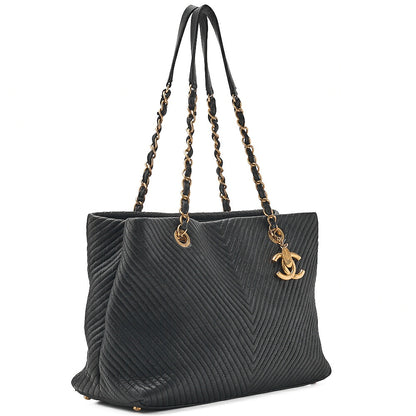 CHANEL Calfskin Chevron V-Stitch Coco Charm Chain Tote Bag Black Gold-Tone Hardware, Pre-Owned