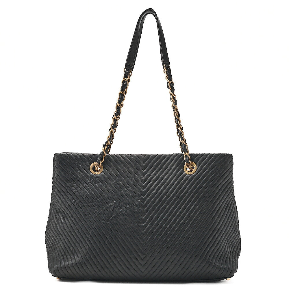 CHANEL Calfskin Chevron V-Stitch Coco Charm Chain Tote Bag Black Gold-Tone Hardware, Pre-Owned