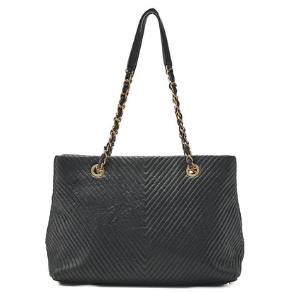 CHANEL Calfskin Chevron V-Stitch Coco Charm Chain Tote Bag Black Gold-Tone Hardware, Pre-Owned