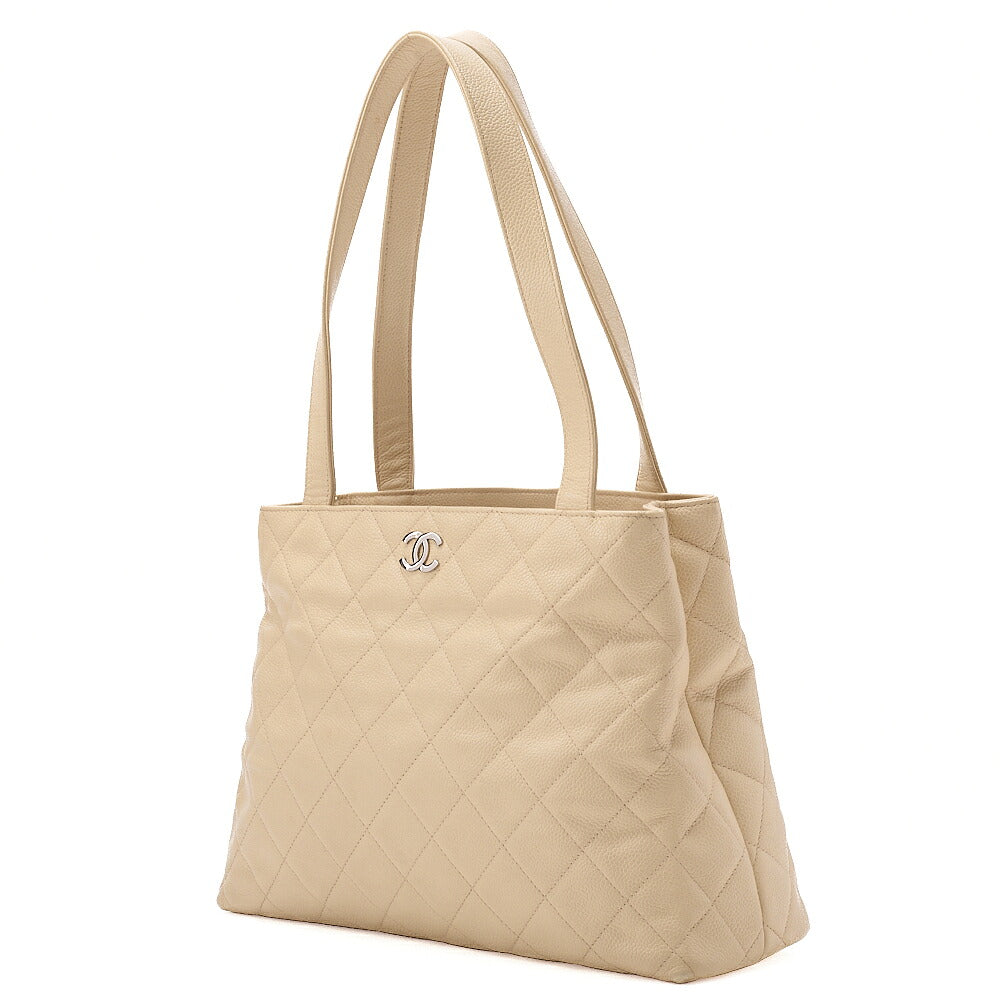 CHANEL Caviar Skin Matelasse Coco Mark Tote Bag Beige Silver-Tone Hardware, Pre-Owned