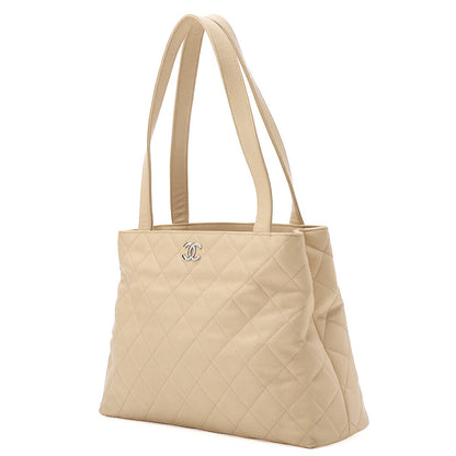 CHANEL Caviar Skin Matelasse Coco Mark Tote Bag Beige Silver-Tone Hardware, Pre-Owned
