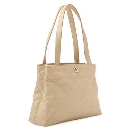 CHANEL Caviar Skin Matelasse Coco Mark Tote Bag Beige Silver-Tone Hardware, Pre-Owned