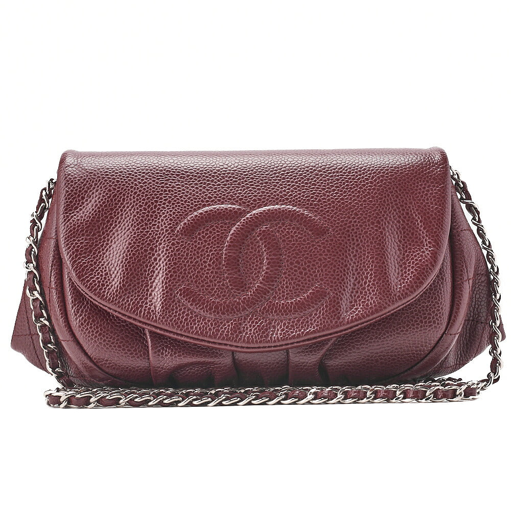 CHANEL Chanel Caviar Skin Coco Mark Half Moon Chain Wallet Bordeaux Silver-Tone Hardware, Pre-Owned
