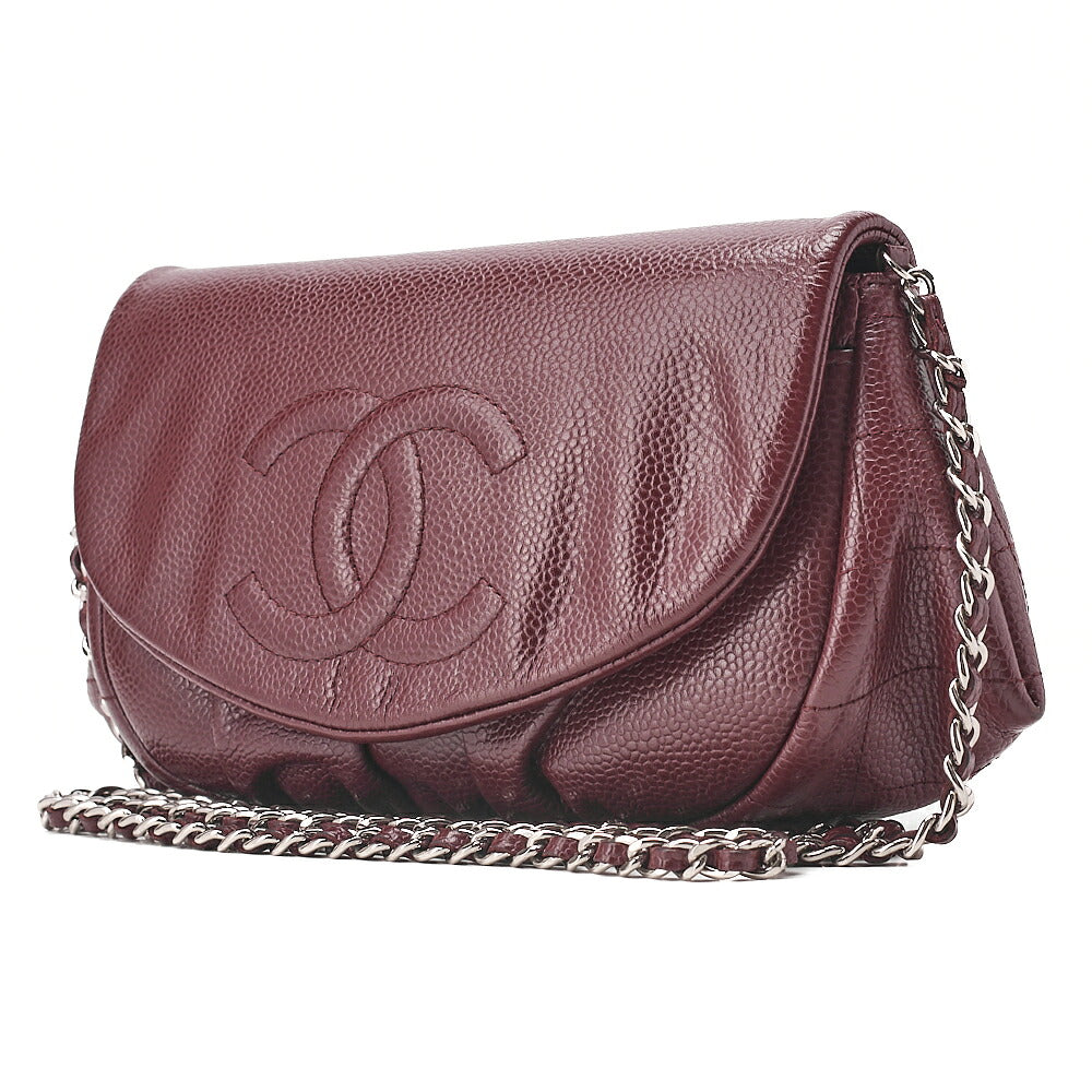 CHANEL Chanel Caviar Skin Coco Mark Half Moon Chain Wallet Bordeaux Silver-Tone Hardware, Pre-Owned