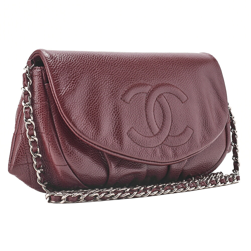 CHANEL Chanel Caviar Skin Coco Mark Half Moon Chain Wallet Bordeaux Silver-Tone Hardware, Pre-Owned