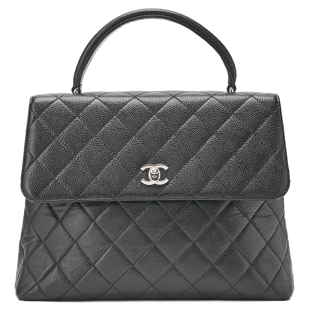 CHANEL Caviar Skin Matelasse Single Kelly-Shaped Handbag Black Silver-Tone Hardware, Pre-Owned