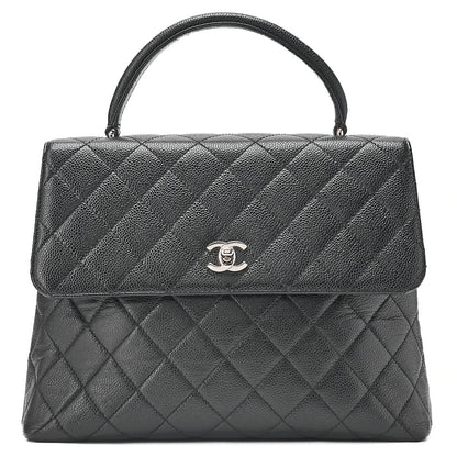 CHANEL Caviar Skin Matelasse Single Kelly-Shaped Handbag Black Silver-Tone Hardware, Pre-Owned
