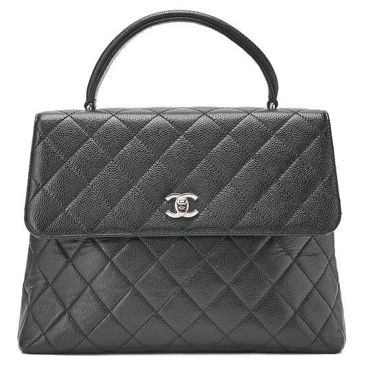 CHANEL Caviar Skin Matelasse Single Kelly-Shaped Handbag Black Silver-Tone Hardware, Pre-Owned