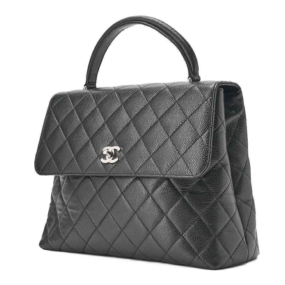 CHANEL Caviar Skin Matelasse Single Kelly-Shaped Handbag Black Silver-Tone Hardware, Pre-Owned