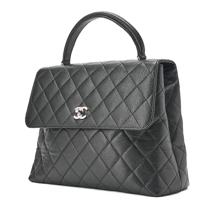 CHANEL Caviar Skin Matelasse Single Kelly-Shaped Handbag Black Silver-Tone Hardware, Pre-Owned