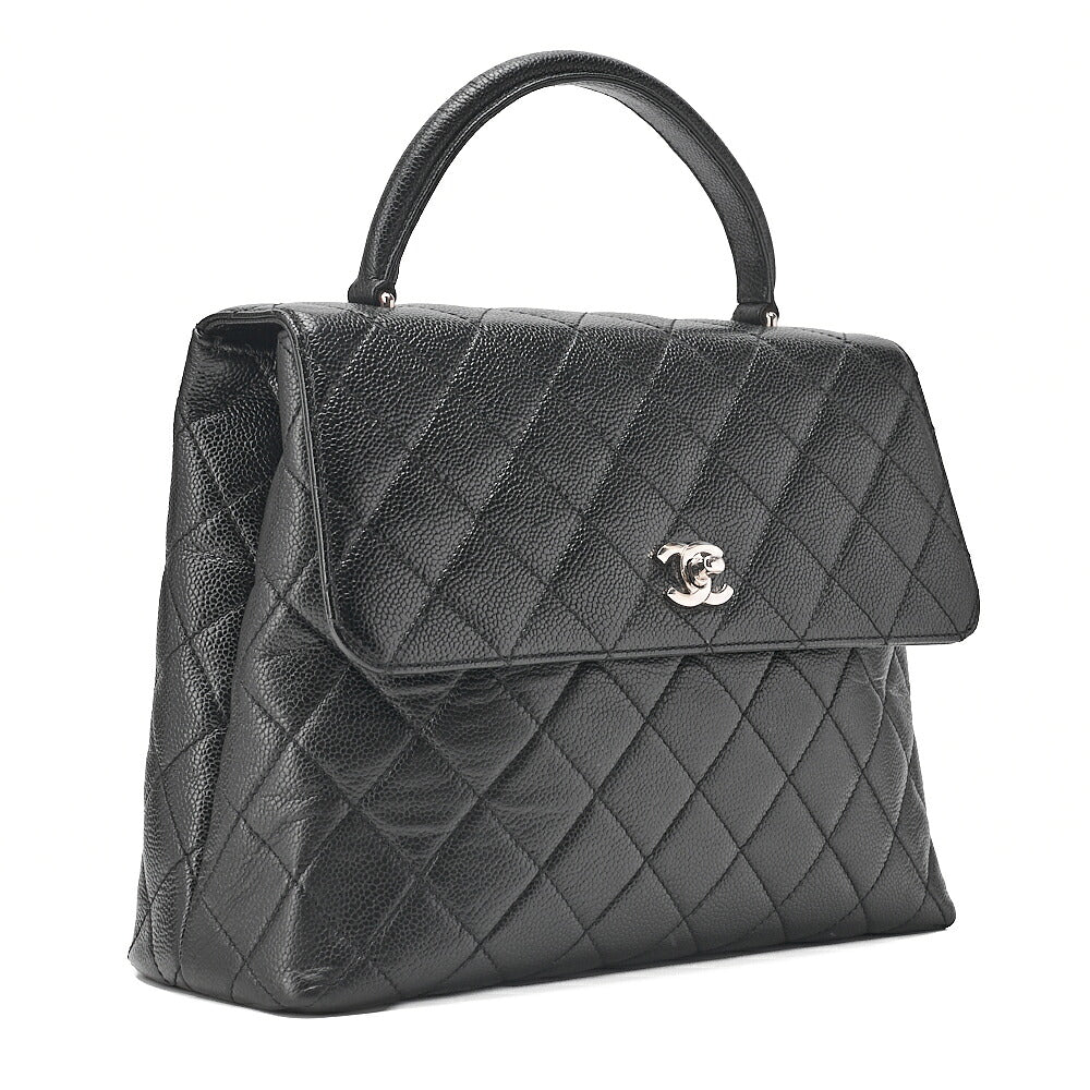 CHANEL Caviar Skin Matelasse Single Kelly-Shaped Handbag Black Silver-Tone Hardware, Pre-Owned