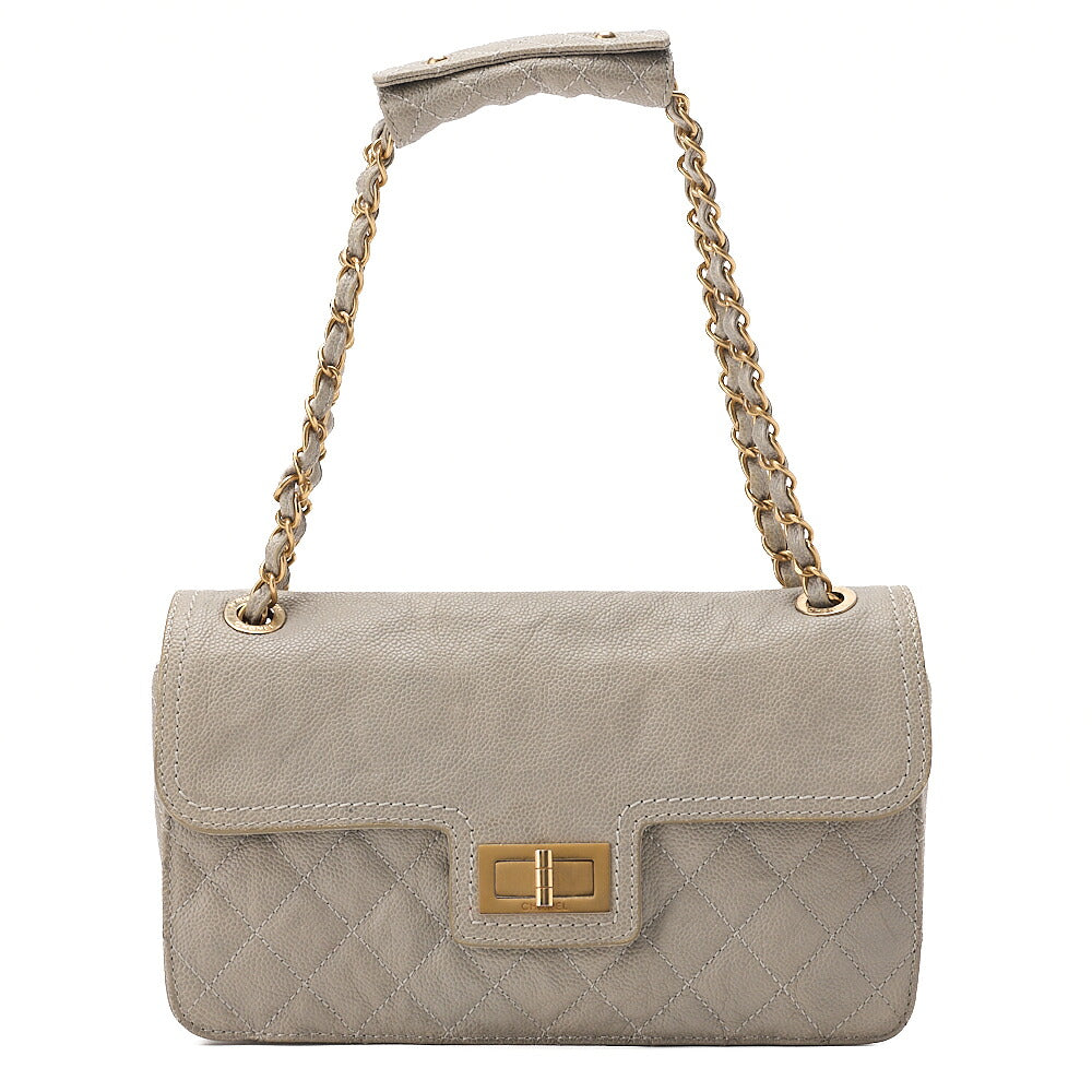 CHANEL Caviar Skin Matelasse 2.55 Tan Lock Chain Shoulder Gray Gold-Tone Hardware, Pre-Owned