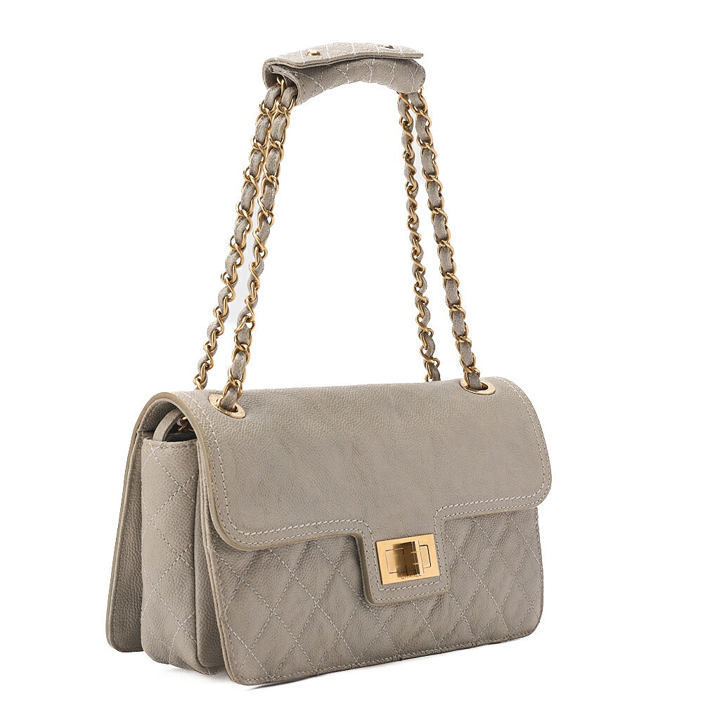CHANEL Caviar Skin Matelasse 2.55 Tan Lock Chain Shoulder Gray Gold-Tone Hardware, Pre-Owned