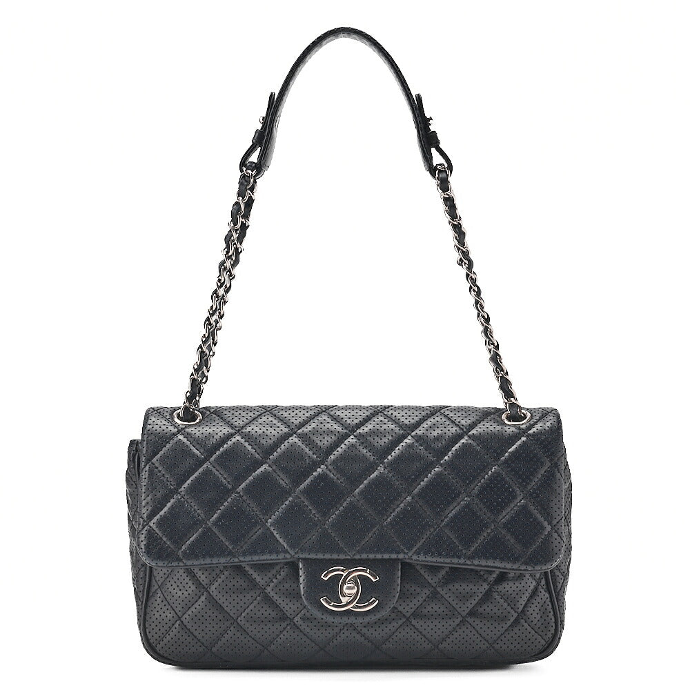 CHANEL Lambskin Perforated Leather Coco Mark Chain Shoulder Navy Silver -Tone Hardware, Pre-Owned
