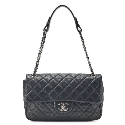 CHANEL Lambskin Perforated Leather Coco Mark Chain Shoulder Navy Silver -Tone Hardware, Pre-Owned