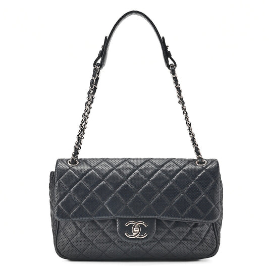 CHANEL Lambskin Perforated Leather Coco Mark Chain Shoulder Navy Silver -Tone Hardware, Pre-Owned