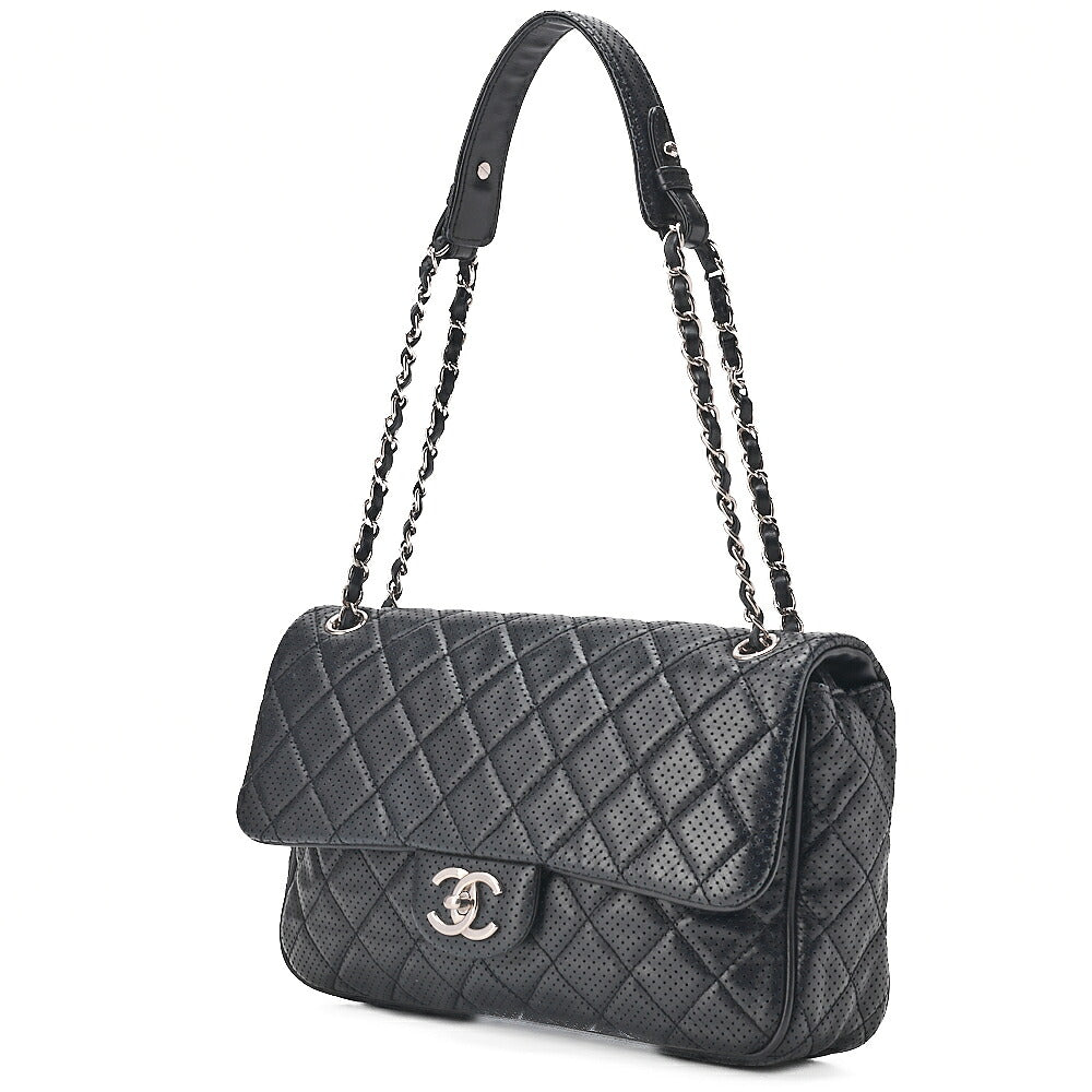 CHANEL Lambskin Perforated Leather Coco Mark Chain Shoulder Navy Silver -Tone Hardware, Pre-Owned