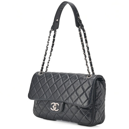 CHANEL Lambskin Perforated Leather Coco Mark Chain Shoulder Navy Silver -Tone Hardware, Pre-Owned