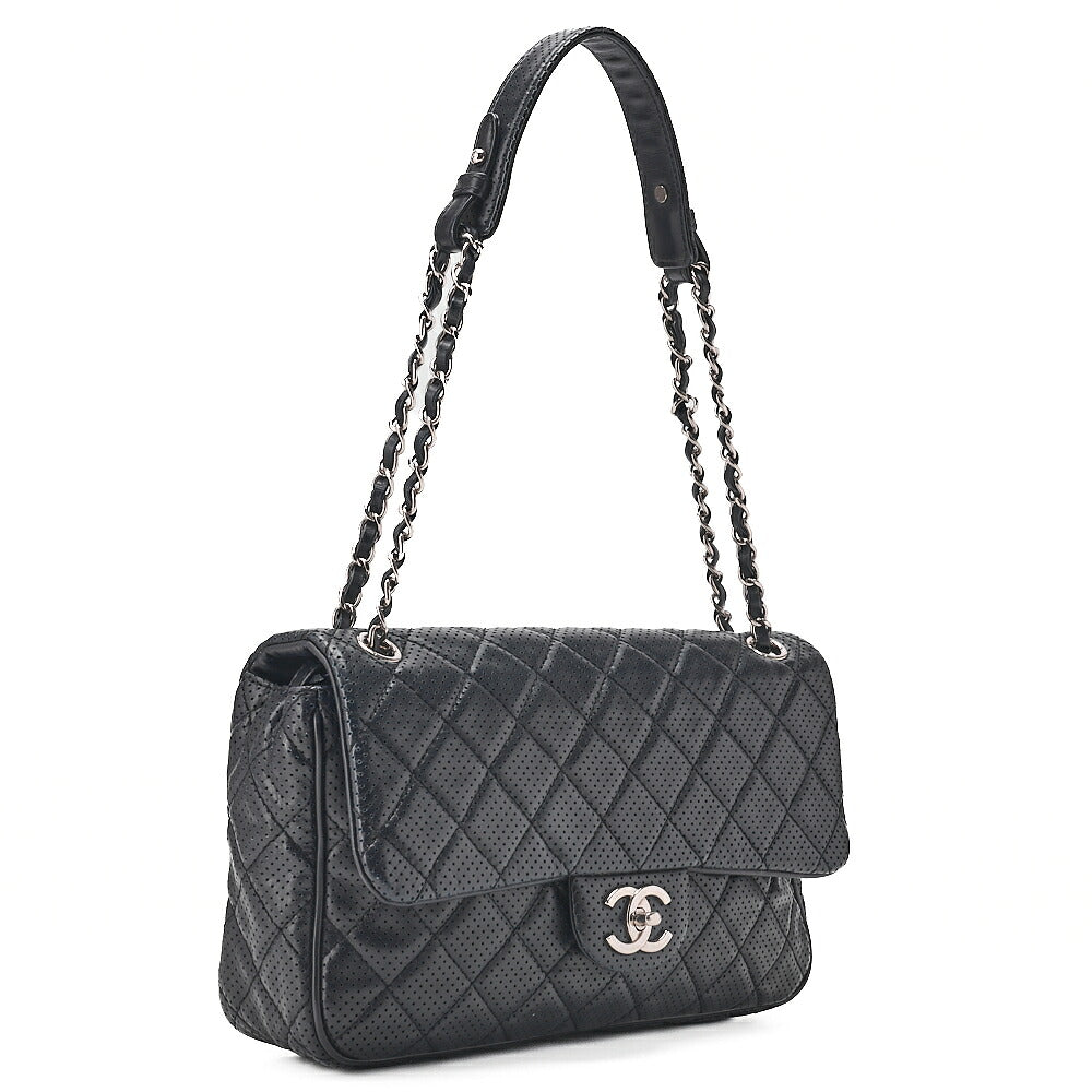 CHANEL Lambskin Perforated Leather Coco Mark Chain Shoulder Navy Silver -Tone Hardware, Pre-Owned