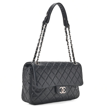 CHANEL Lambskin Perforated Leather Coco Mark Chain Shoulder Navy Silver -Tone Hardware, Pre-Owned