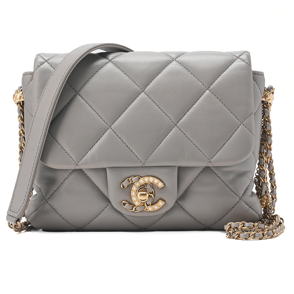 CHANEL Lambskin Mini Matelasse Fic Pearl x Coco Mark Chain Shoulder Gray Gold-Tone Hardware, Pre-Owned