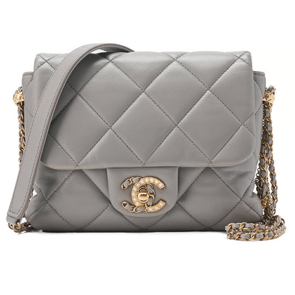 CHANEL Lambskin Mini Matelasse Fic Pearl x Coco Mark Chain Shoulder Gray Gold-Tone Hardware, Pre-Owned