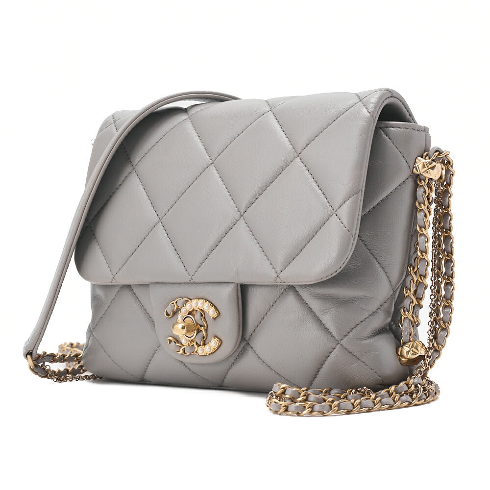 CHANEL Lambskin Mini Matelasse Fic Pearl x Coco Mark Chain Shoulder Gray Gold-Tone Hardware, Pre-Owned