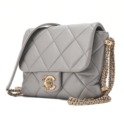 CHANEL Lambskin Mini Matelasse Fic Pearl x Coco Mark Chain Shoulder Gray Gold-Tone Hardware, Pre-Owned