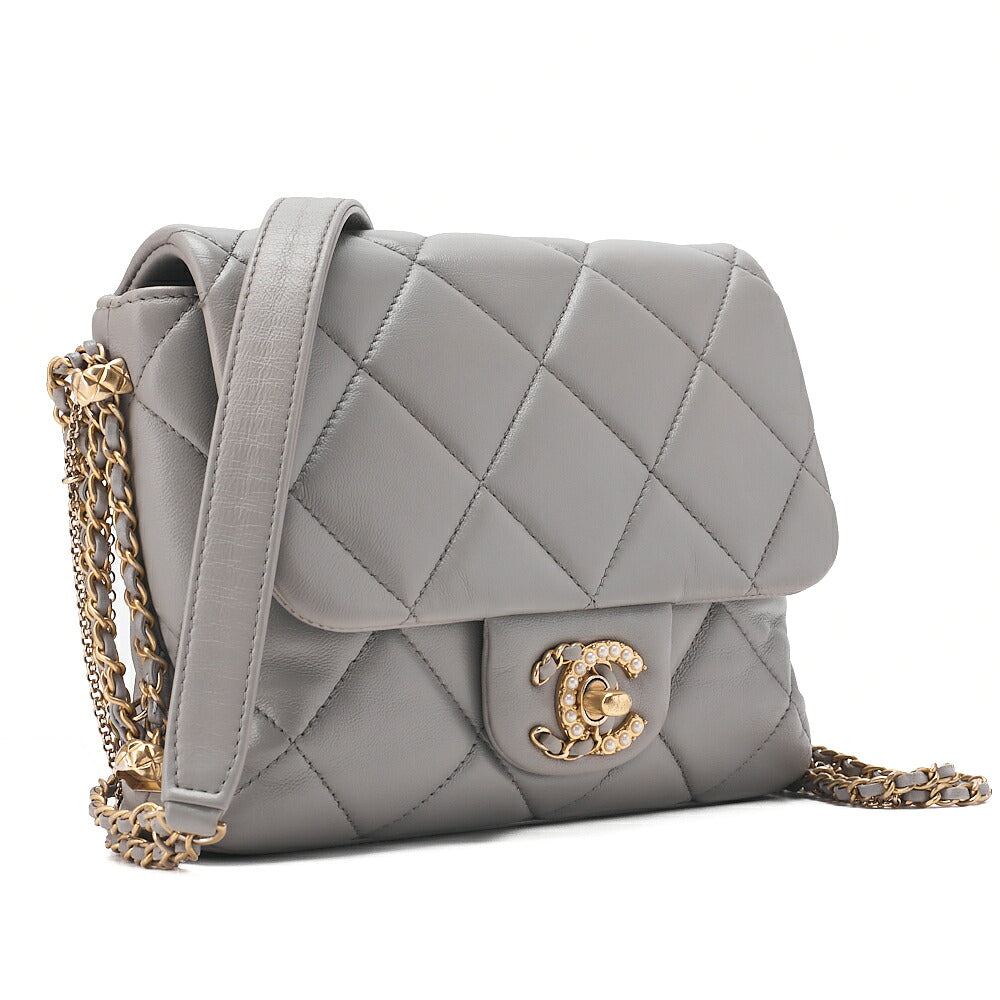 CHANEL Lambskin Mini Matelasse Fic Pearl x Coco Mark Chain Shoulder Gray Gold-Tone Hardware, Pre-Owned