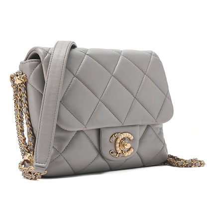 CHANEL Lambskin Mini Matelasse Fic Pearl x Coco Mark Chain Shoulder Gray Gold-Tone Hardware, Pre-Owned